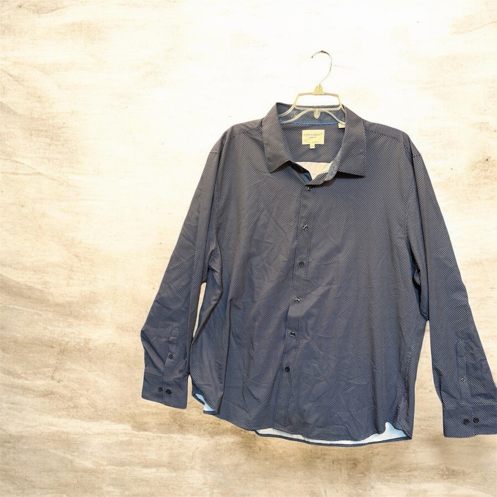 Con.Struct Men's XXL 4 Way Stretch Dress Shirt Button Front Blue Polka Dot
